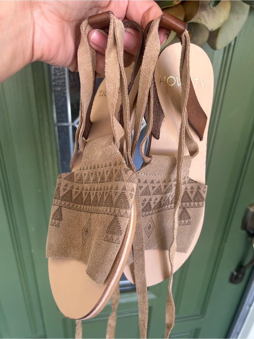 Women’s Tan Suede Lace-Up Sandals with Aztec Detail